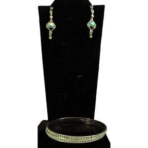 Light Green Crystal Rhinestone Dangle Earring Bangle Bracelet Set Pierced